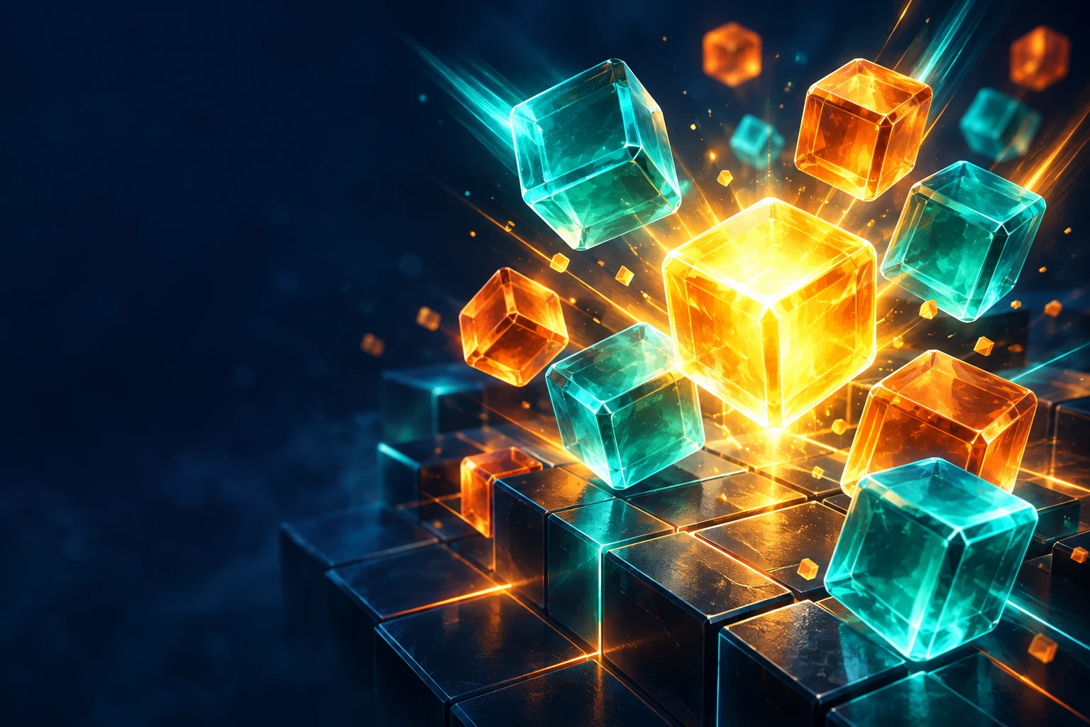 Turquoise and amber energy cubes colliding above a dark arcade arena